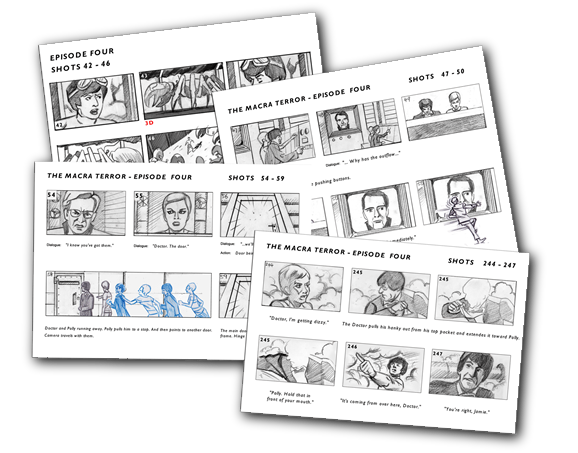 A selection of storyboard pages from Episode 4 of The Macra Terror. Artist - Adrian Salmon.